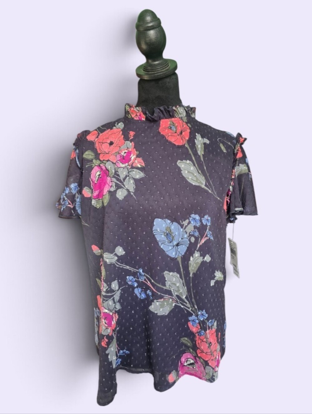 NWT Floral Ruffle Neck Short Sleeve Top - Black with Pink & Blue Flowers